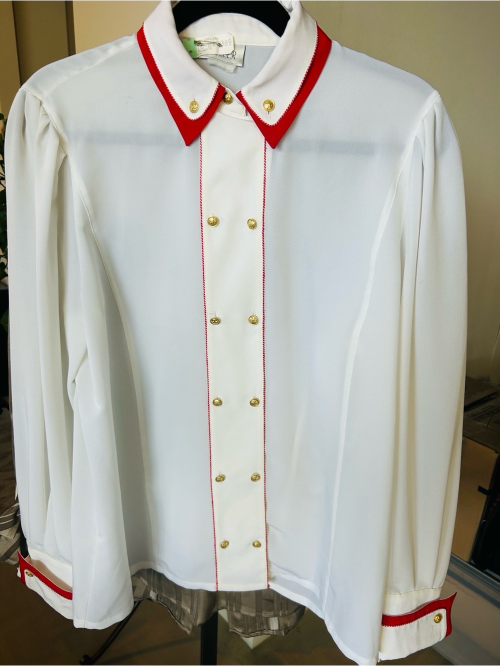 Basler Germany Classic White Button-Front Blouse with Red Trim and gold buttons.